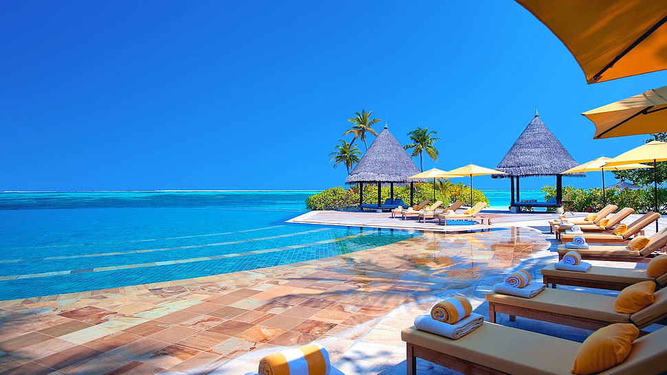beige sun lounge lot, landscape, tropical, hotel, sea HD wallpaper