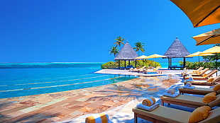 beige sun lounge lot, landscape, tropical, hotel, sea