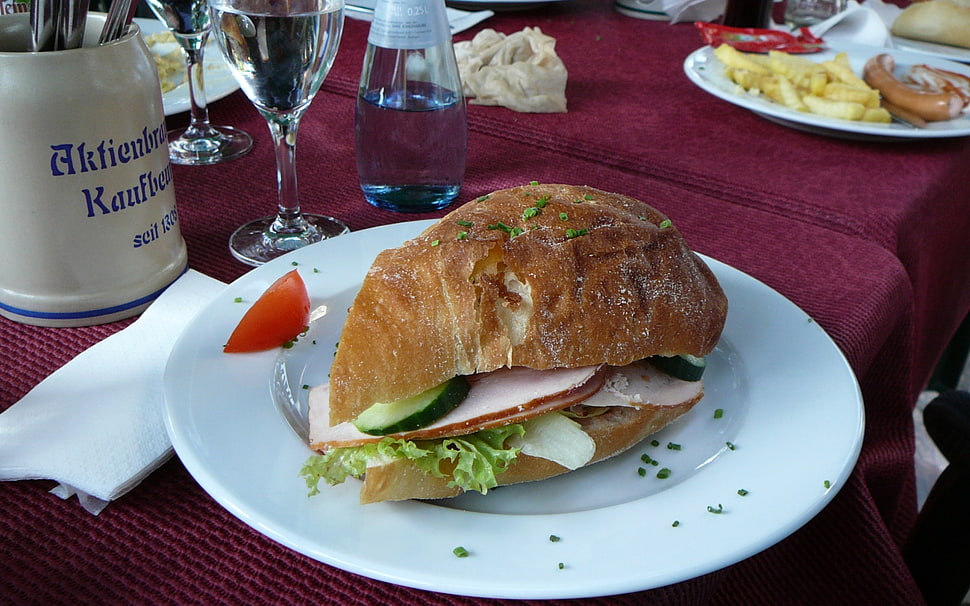 burger with vegetable on white plate HD wallpaper