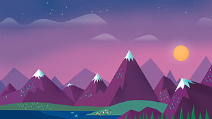 purple and white mountains with river and meadow illustration