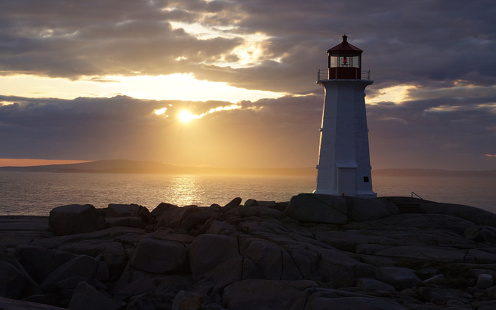 white and black lighthouse, lighthouse, landscape, sunlight HD wallpaper