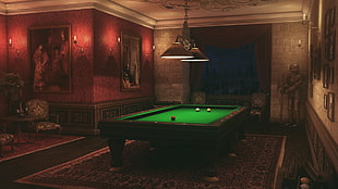 black and green pool table, billiards, room, interior design, pool table
