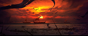 silhouette of sailing ships under golden hour wallpaper