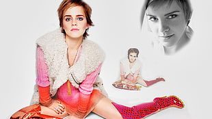 women's white fur vest and pink cardigan, Emma Watson, collage, women, actress