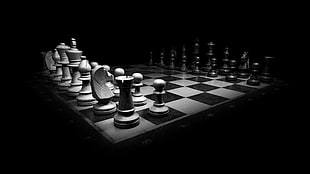 black and white chessboard set, chess, monochrome, pawns, board games HD wallpaper