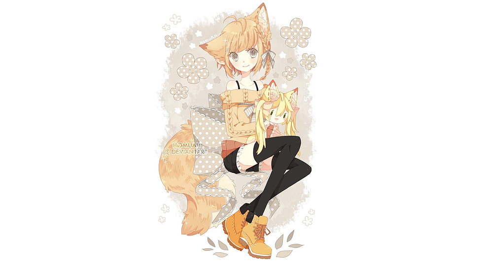 brown-haired female anime illustration, nekomimi, blonde, original characters, thigh-highs HD wallpaper