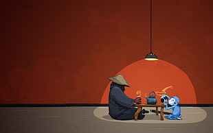 person and monkey sitting on floor wallpaper, humor, artwork, lamp, monkey