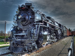 black train digital wallpaper, train, steam locomotive, HDR, tonemapping HD wallpaper