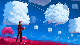 person using headphones looking up white clouds form of sheep illustration, artwork, clouds