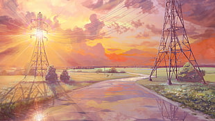 pathway in the middle of two towers illustration, reflection, power lines, Everlasting Summer, clouds