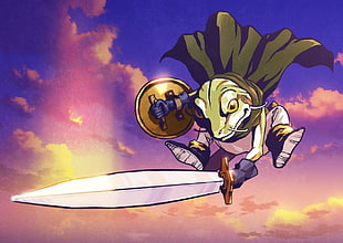 photo of frog with wearing cape with shield and sword anime character