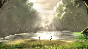two birds near body of water and trees illustration, fantasy art, landscape, birds, animals