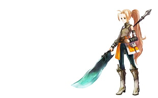 woman character holding weapon digital wallpaper