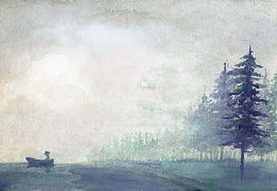 man riding boat near forest paintin, trees, snow, mist, lake