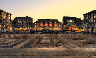 black and brown concrete building, architecture, building, evening, lights HD wallpaper