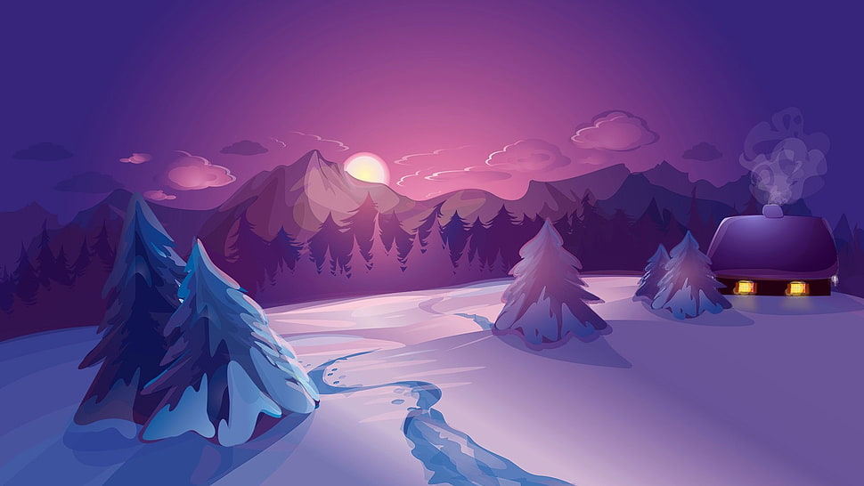 snow coated mountain and pine trees illustration HD wallpaper