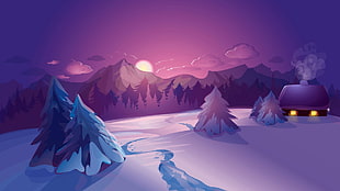 snow coated mountain and pine trees illustration