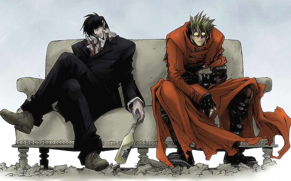 Vash Stampede and man in black suit jacket and tailored pants sitting on sofa HD wallpaper