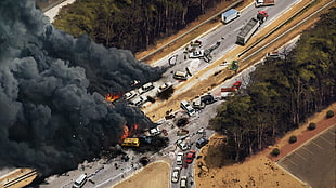 assorted cars, aerial view, fire, smoke, road