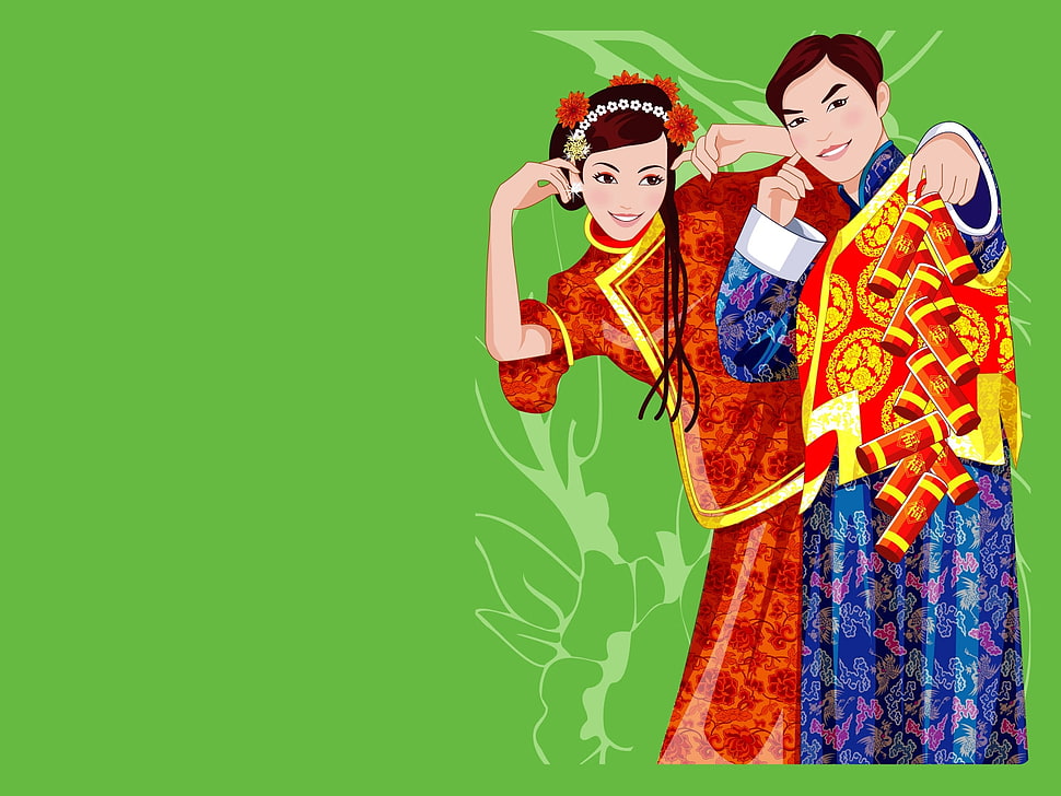 Asian illustration of man and woman wacky posing HD wallpaper