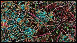green and red floral wall decor, abstract, CGI