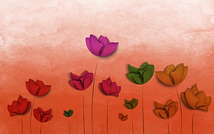 purple, green, and red petaled flowers painting, red flowers, yellow flower, watercolor, simple background HD wallpaper