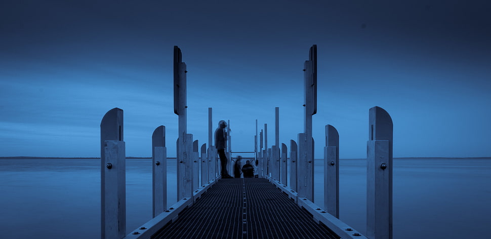 person standing on dock during twilight HD wallpaper