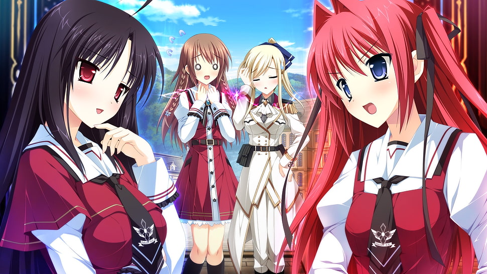 two long black and red hair anime female characters wearing red and white custom school uniforms facing each other HD wallpaper