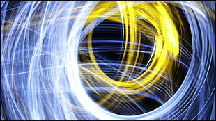 yellow and blue plastic pack, light trails, long exposure, circle, spiral
