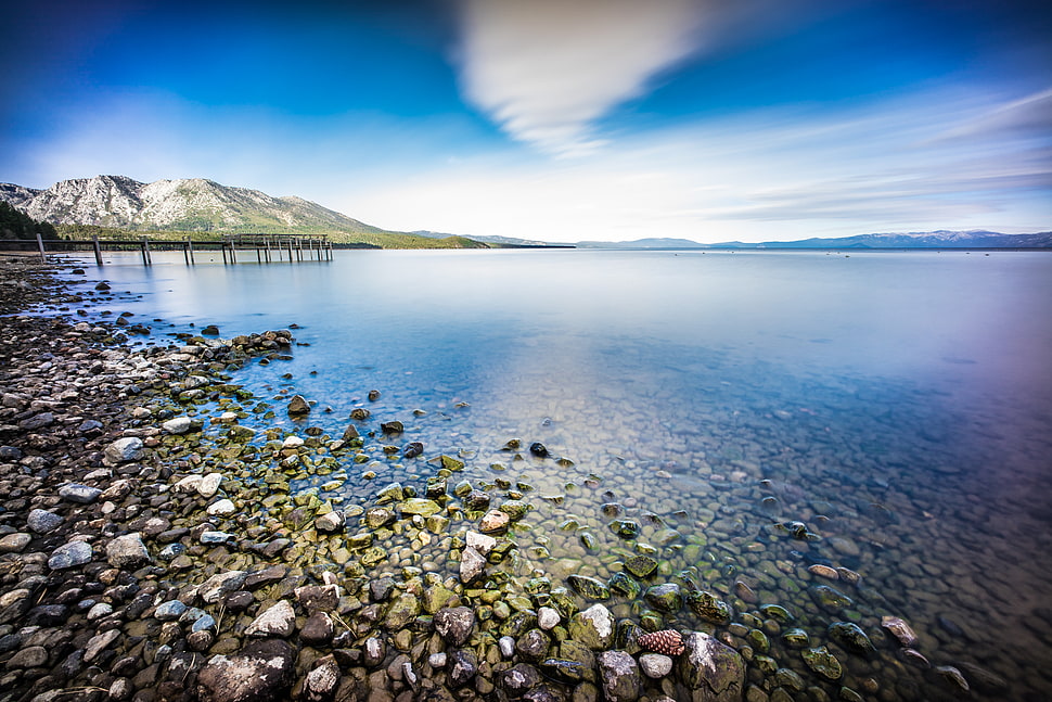 landscape photo of a beach under the blue skies, lake tahoe, california HD wallpaper