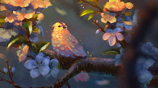 bird on tree painting, fantasy art, painting, artwork, birds