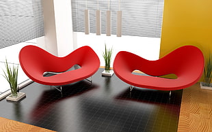 two red benches with steel base on black wooden floor HD wallpaper