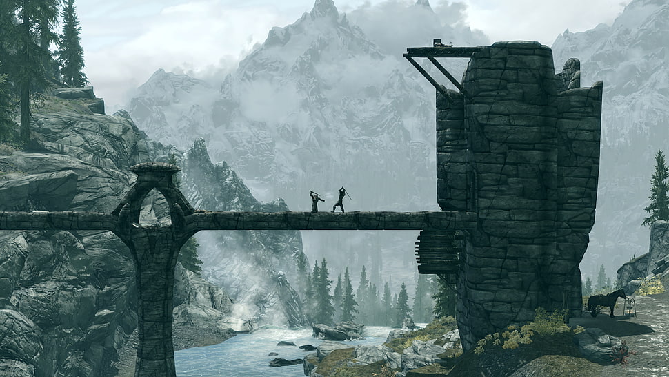 black concrete bridge, The Elder Scrolls V: Skyrim, bridge, video games HD wallpaper