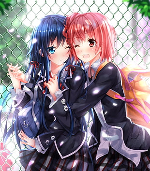 two female characters wearing black uniforms HD wallpaper