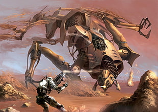 robot fighting robot illustration, science fiction, digital art, futuristic