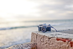 black and gray DSLR camera, Canon, sea, shore, camera HD wallpaper