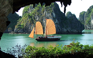 yellow and black outdoor tent, sailing ship, nature, Halong Bay HD wallpaper