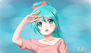 girl with green hair wearing pink t-shirt anime illustration