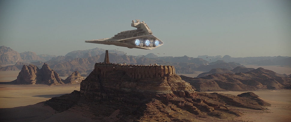white spaceship hovering above rock formation wallpaper, Star Wars, Rogue One: A Star Wars Story, Jedha, Star  Destroyer HD wallpaper