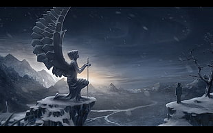 animated person with wings holding sword while kneeling in cliff 3D wallpaper, wings, angel HD wallpaper
