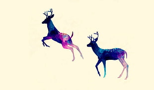 two blue-and-pink reindeer illustration, deer, white background