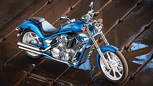 blue and silver die-cast cruiser motorcycle, motorcycle