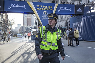 Mark Wahlberg wearing police uniform at 2013 Boston Marathon movie scene