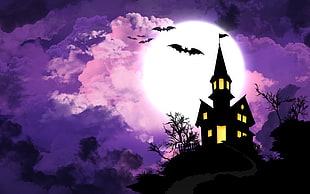 silhouette of castle painting, Halloween, vector art, purple, bats