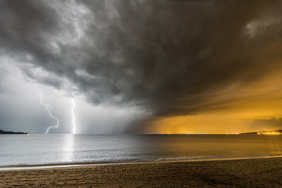 lightning strike, lightning, landscape, nature HD wallpaper