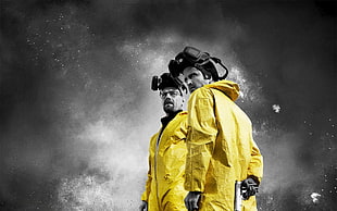 two man in yellow suit wallpaper, Breaking Bad, selective coloring, Walter White, Jesse Pinkman HD wallpaper