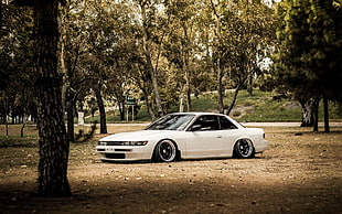 white coupe, Nissan, Silvia, Stance