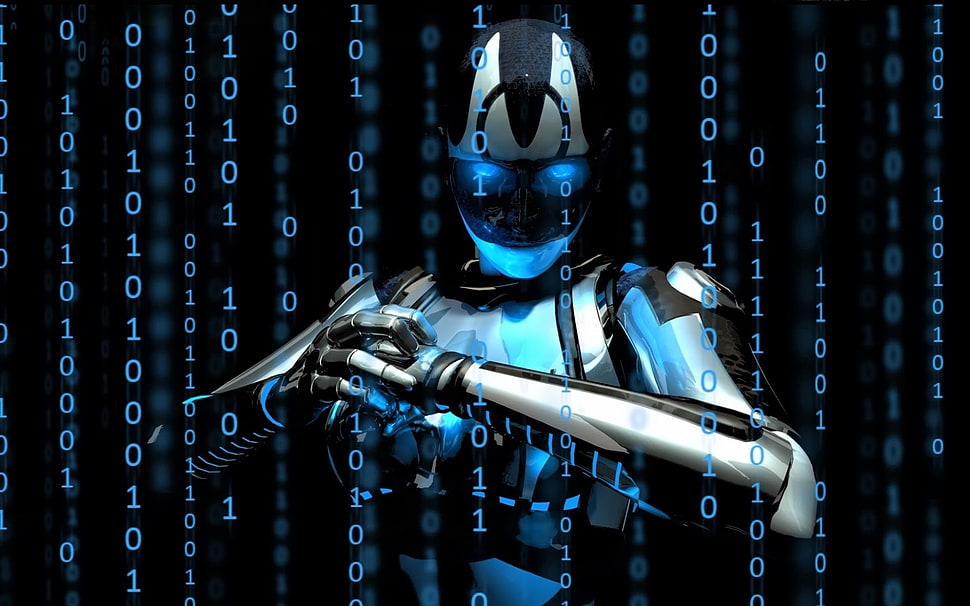 robot graphic artwork, binary, render HD wallpaper