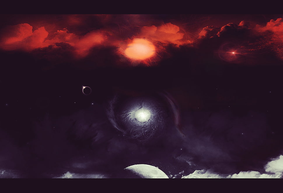 eclipse painting, sky, clouds, space HD wallpaper