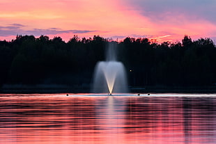 water fountain, Fountain, Lake, Sunset HD wallpaper